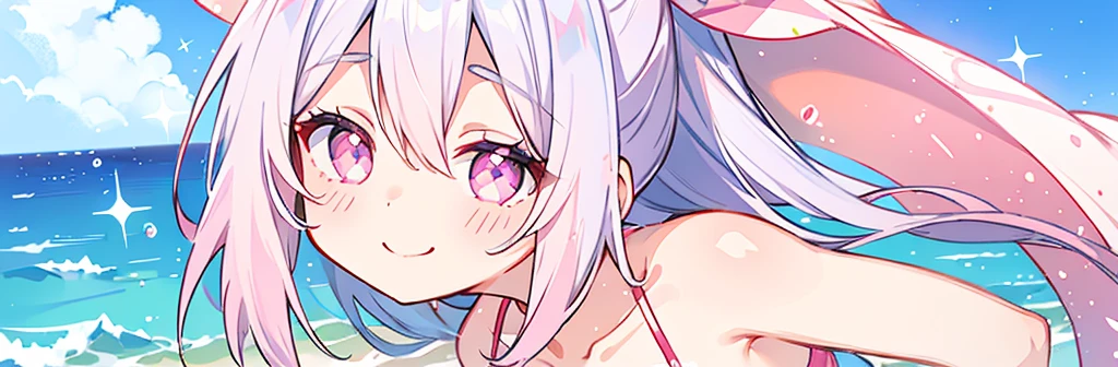summer、1 girl、Silver Hair、((Pink sparkly eyes))、A sloppy smile、Open your mouth、Swimwear