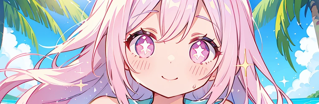 summer、1 girl、Silver Hair、((Pink sparkly eyes))、A sloppy smile、Open your mouth、Swimwear
