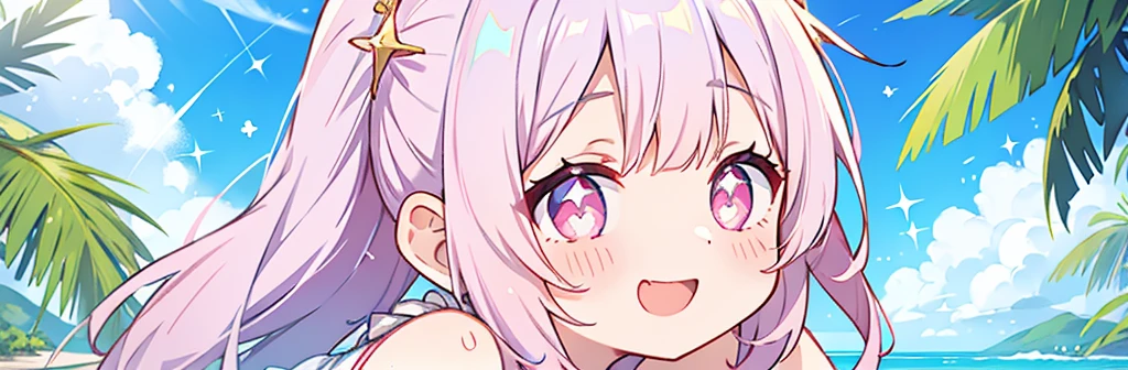 summer、1 girl、Silver Hair、((Pink sparkly eyes))、A sloppy smile、Open your mouth、Swimwear