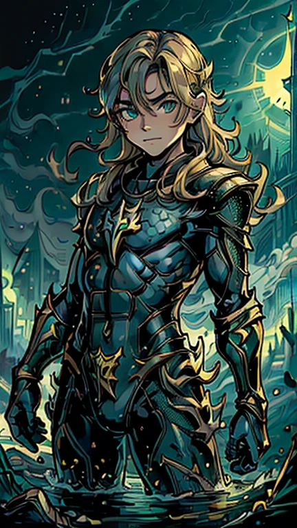 best quality,masterpiece,1boy,solo,(((13years old))),japanese boy,an extremely cute and handsome boy,highly detailed beautiful face and eyes,petit,cute face,lovely face,baby face,shy smile,show teeth, blonde hair,long hair,flat chest,skinny,slender(((wearing a Aquaman costume,))),(((Heroic pose in Dark Midnight Fantasy style Gotham castle))),he is looking at the viewer,