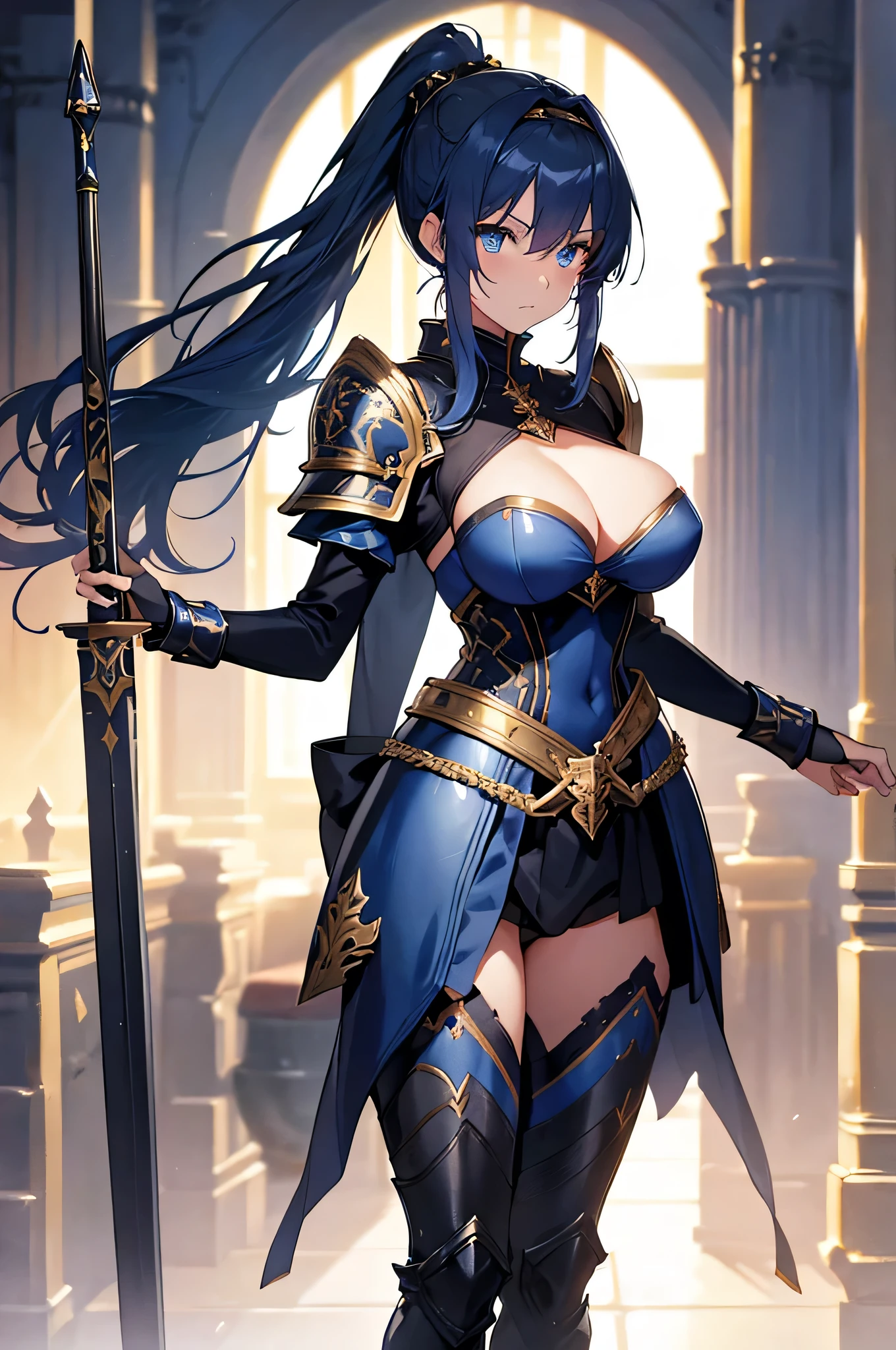 4K,High resolution,One Woman,Dark Blue Hair,Long Ponytail,Blue Eyes,Big Breasts,knight,Golden Armor,Heavy Armor,Full Armor,Black tights,hair band,Jewelry decoration,Golden Long Sword,Medieval castle