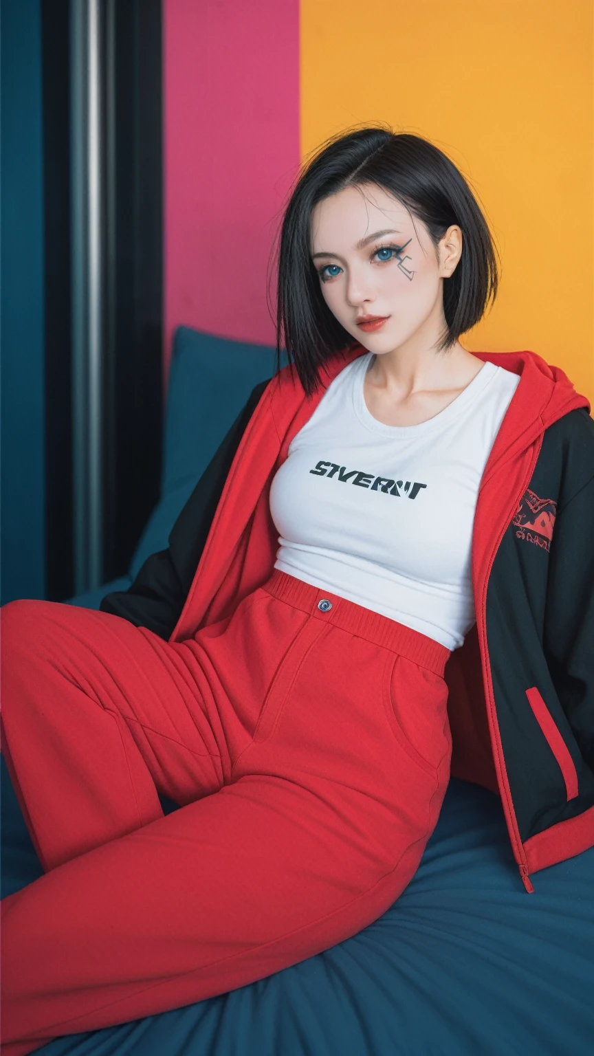 realistic,score_9, score_8_up, score_7_up, BREAK,
 In a vibrant and colorful artwork, an anime girl in a cyberpunk cosplay is depicted lying on a bed. The scene is a Guwiz style creation, inspired by the artist Lu Dongjun and brought to life by Yang J, with Ross Trunk 8K rendering. Guvitz, a concept at the Pisif Art Station, and Sakimican Frank Franzeta contributed to the creative conception of the piece.
The anime girl is dressed in a hooded shirt, a staple of cyberpunk fashion, which adds to the futuristic and edgy vibe of the artwork. The colorful background enhances the overall aesthetic, creating a dynamic and engaging scene that captures the essence of cyberpunk culture.
This artwork is a testament to the collaborative effort of talented artists, combining their unique styles and visions to create a visually striking and immersive cyberpunk experience.
