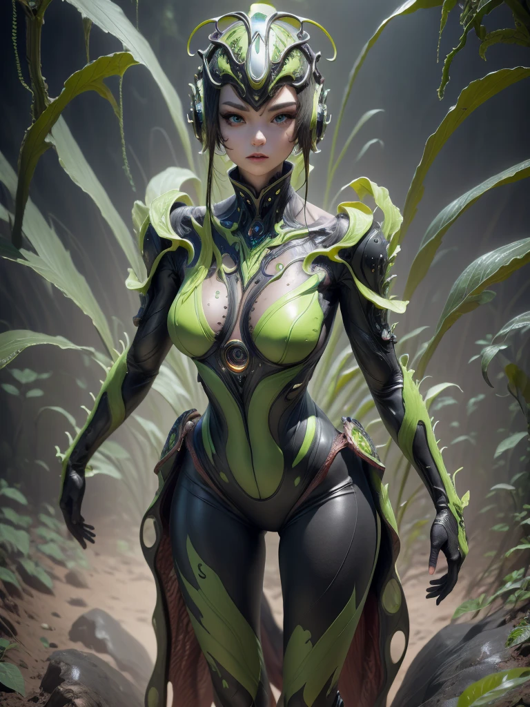 a beautiful detailed girl, beautiful detailed eyes, beautiful detailed lips, extremely detailed face, long eyelashes, cyber girl, girl in bodysuit, girl with nepenthes plant, girl with circuit pattern, girl with biological armor, girl with biological helmet, girl with eye mask, black and green color scheme, 8k, high resolution, photorealistic, masterpiece, ultra-detailed, physically-based rendering, sharp focus, vivid colors,full body shot,