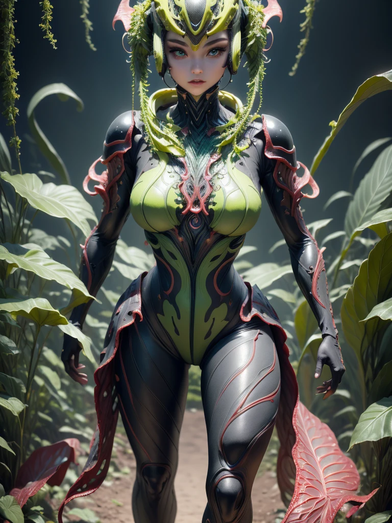 a beautiful detailed girl, beautiful detailed eyes, beautiful detailed lips, extremely detailed face, long eyelashes, cyber girl, girl in bodysuit, girl with nepenthes plant, girl with circuit pattern, girl with biological armor, girl with biological helmet, girl with eye mask, black and green color scheme, 8k, high resolution, photorealistic, masterpiece, ultra-detailed, physically-based rendering, sharp focus, vivid colors,full body shot,