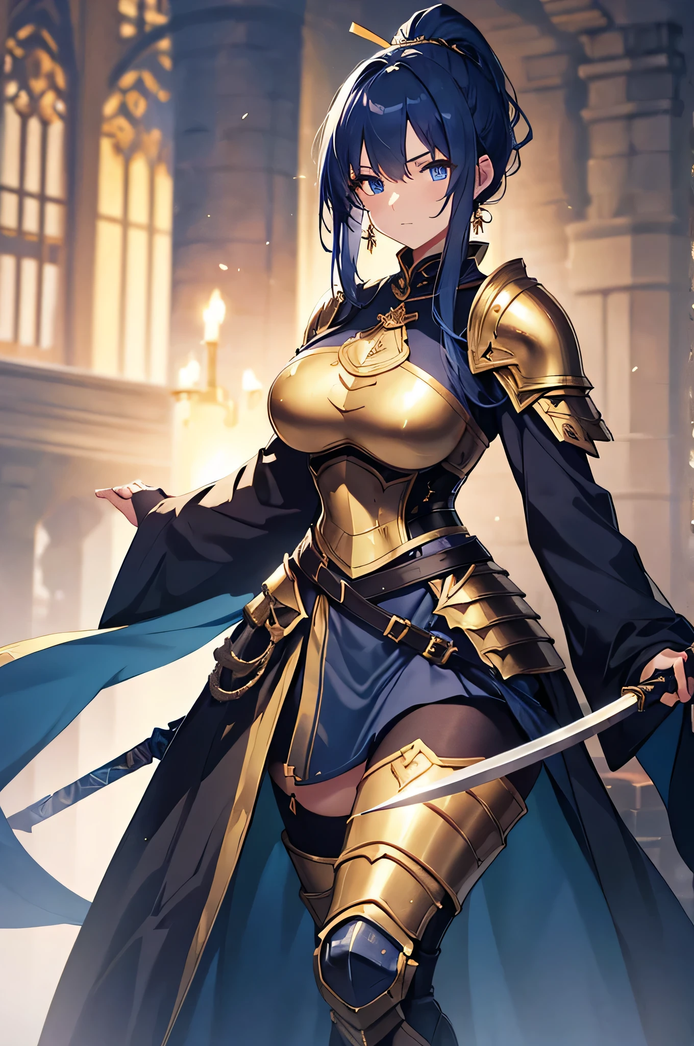 4K,High resolution,One Woman,Dark Blue Hair,Long Ponytail,Blue Eyes,Big Breasts,knight,Golden Armor,Heavy Armor,Full Armor,Black tights,hair band,Jewelry decoration,Golden Long Sword,Medieval castle