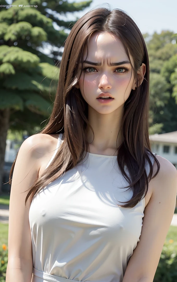 (Raw photo, Best Quality), (Realistic, Photorealsitic:1.3), masutepiece, Extremely delicate and beautiful, Soft light, (Brown hair, Shoulder-length straight hair swaying in the wind), Beautiful detailed girl, (Detailed fingers), extremely detailed eye and face, beautiful detailed nose, Beautiful detailed eyes, 1 girl, Japanese, Neat and clean beauty, Cute, young, dress shirts, Pants, (Half body:1.3), (medium breasts), Realistic face, Realistic body, angry face, angry expression, annoyed,