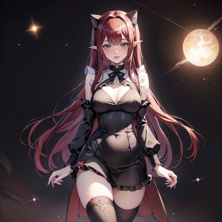 1girl, black maid dress, jewelry, red hair, flowing hair, long hair, black maid dress with a short skirt and layers, black laces, black boots, black dress with transparency, gold details on her clothes, cat ears, animal ears,  more details, perfectly body, perfectly hands, two hands, two legs, two arms, five fingers, glowing hair, best quality, hat, cat ears, tail ornament, tail bow, black gloves, two cat tail, black gloves, alone, maid headdress, choker, detached sleeves, maid dress, maid black dress, strapless, masterpeice, best quality, detailed face, night, asymmetrical gloves, bangs, black short skirt , black gloves, black boots, earrings, elbow gloves, fishnet thighhighs, fishmasterpeice, solo, best quality, detailed face, gloves, hair between eyes, jewelry, looking at viewer, single earring, sky, sleeveless, solo, thigh boots, thighhighs, tongue, tongue out, uneven gloves, solo, alone, Looking at the viewer, More details on the clothes, magenta roses on her hair, space scenery, maid, maid dress, magenta details, magenta roses, maid headdress, maid apron, wave hair, seat on the Saturn rings, more details on her clothes, gold details on her clothes, space, smiling, standing her hand to a viewer, looking at the viewer, in the background a several asteroids glowing with fiery auras, Dramatic lighting from distant stars and planets illuminates the scene, looking at the vast and mysterious universe, cowboy shot, upper body portrait, more details, sparkle,