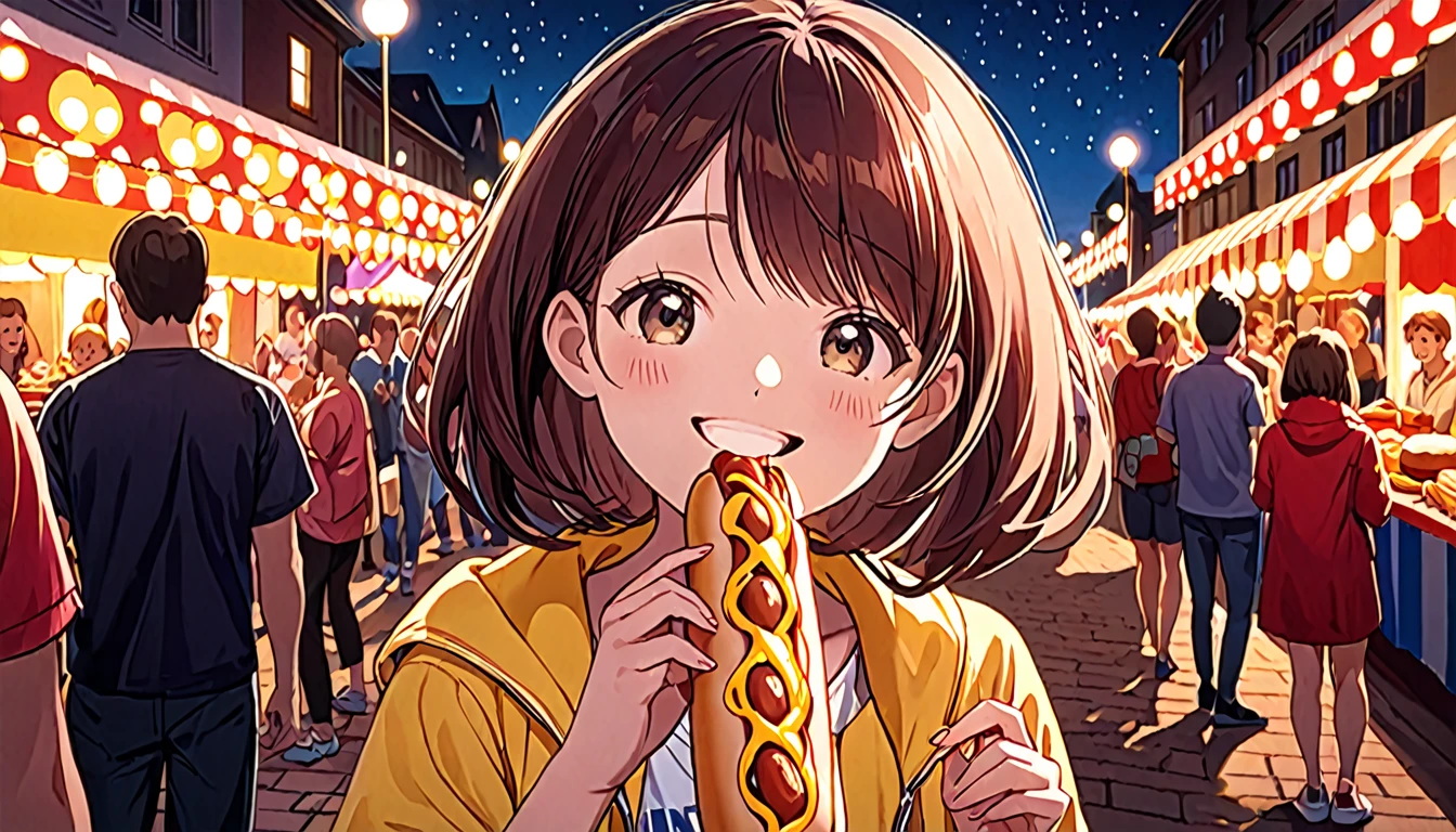 cute girl, 18 years, eating a big frankfurter, smiling, at night festival, in summer