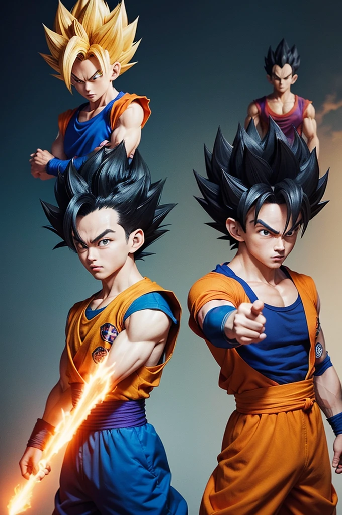"Por favor, create an image of the main Dragon Ball characters, including Goku, vegeta, gohan, is small. They must be in a dynamic pose, with a background that resembles the characteristic style of the anime."