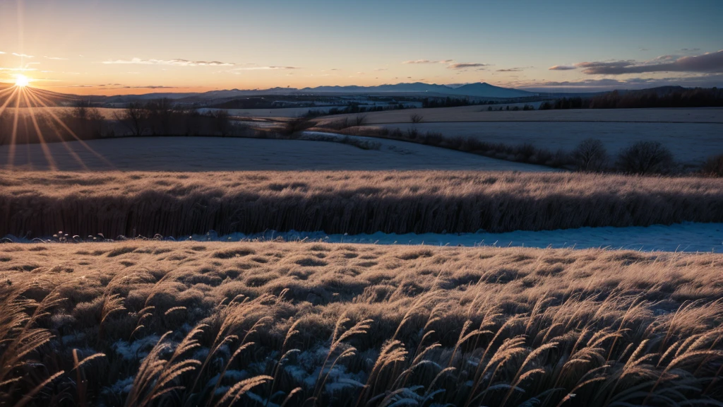 frost on the field, sunrise, cold, Grass, country road, winter