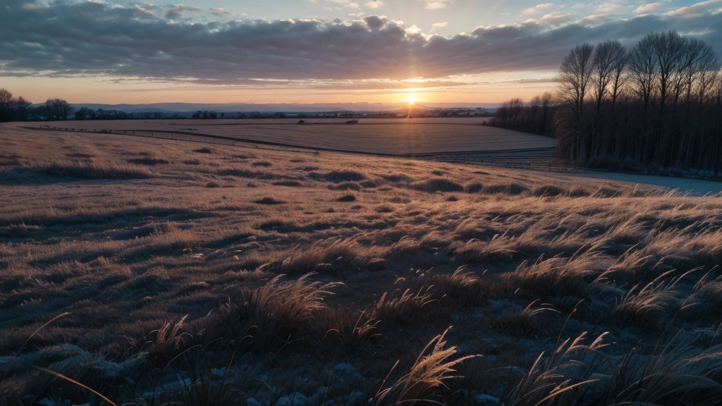 frost on the field, sunrise, cold, Grass, country road, winter