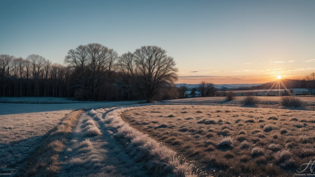 frost on the field, sunrise, cold, Grass, country road, winter