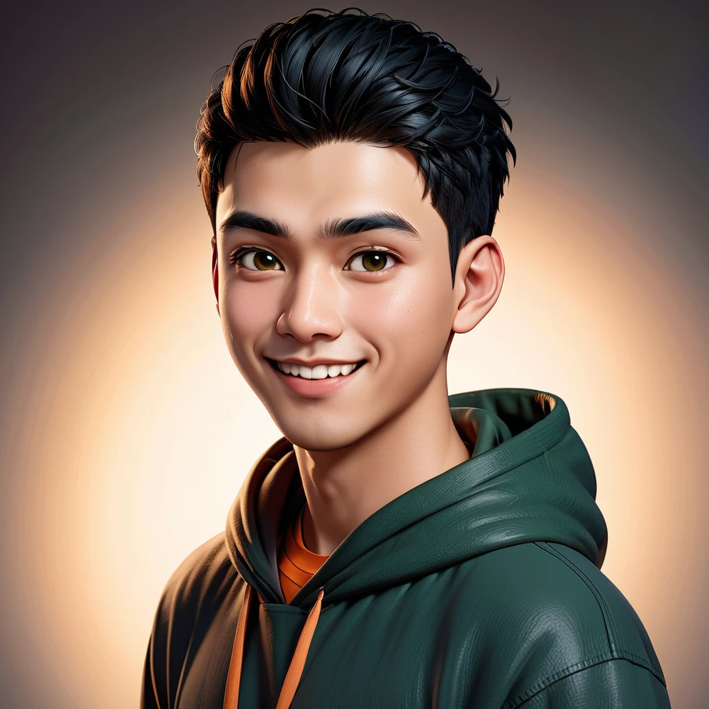 Create a cartoonish caricature 3D animation of a big-headed. a 19 year old Indonesian man. She has short black pixie cut hair. His face is oval with smooth lines, thick and neat black eyebrows, normal eyes, a small, sharp nose, and thin lips with a wide, friendly smile. He wore a dark green hoodie over an orange t-shirt. Gradient blue background with professional lighting. masterpiece, top quality, highly detailed skin and face, ultra-realistic, high definition, studio lighting, sharp focus, 2/3 body angle, Concept Art.