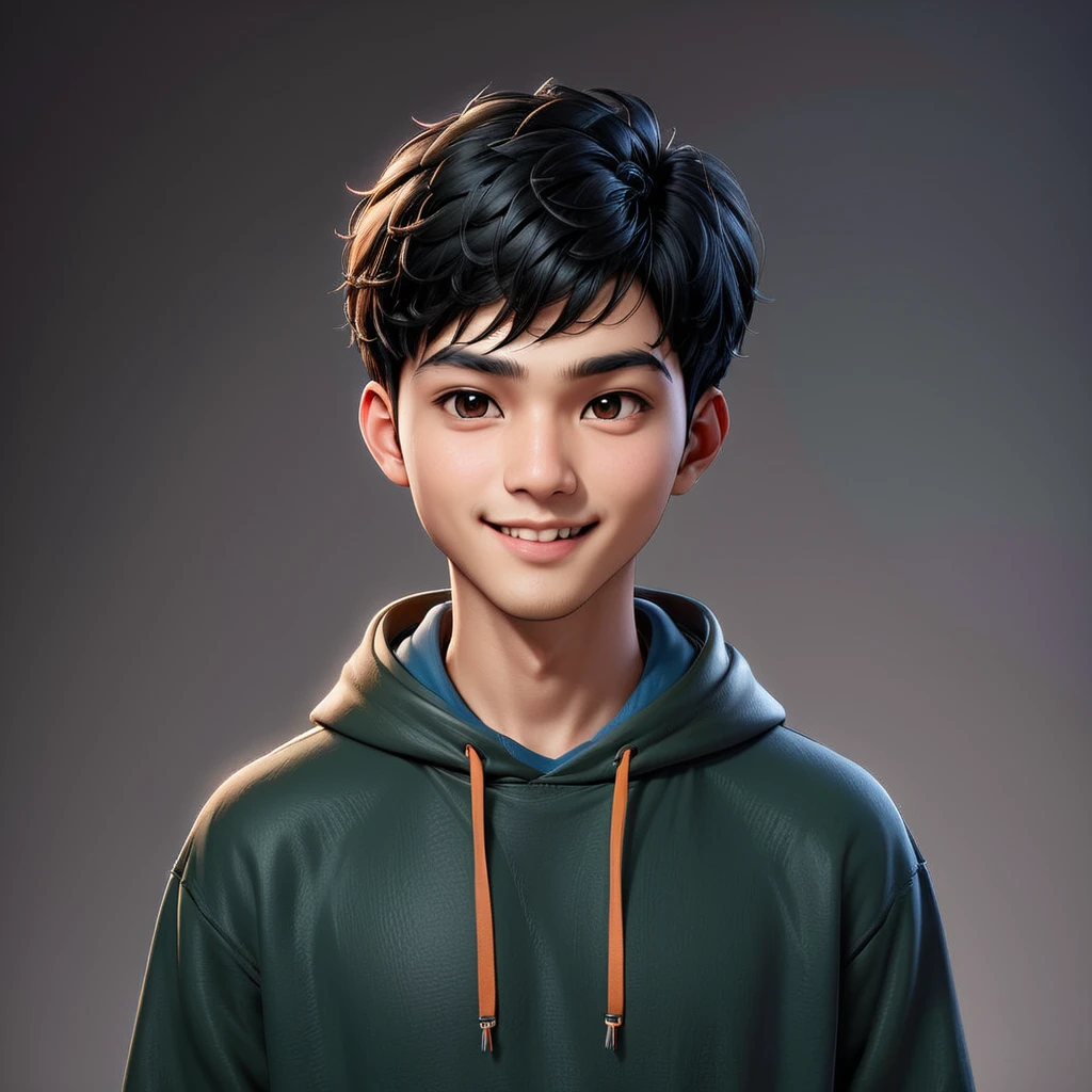 Create a cartoonish caricature 3D animation of a big-headed. a 19 year old Indonesian man. She has short black pixie cut hair. His face is oval with smooth lines, thick and neat black eyebrows, normal eyes, a small, sharp nose, and thin lips with a wide, friendly smile. He wore a dark green hoodie over an orange t-shirt. Gradient blue background with professional lighting. masterpiece, top quality, highly detailed skin and face, ultra-realistic, high definition, studio lighting, sharp focus, 2/3 body angle, Concept Art.
