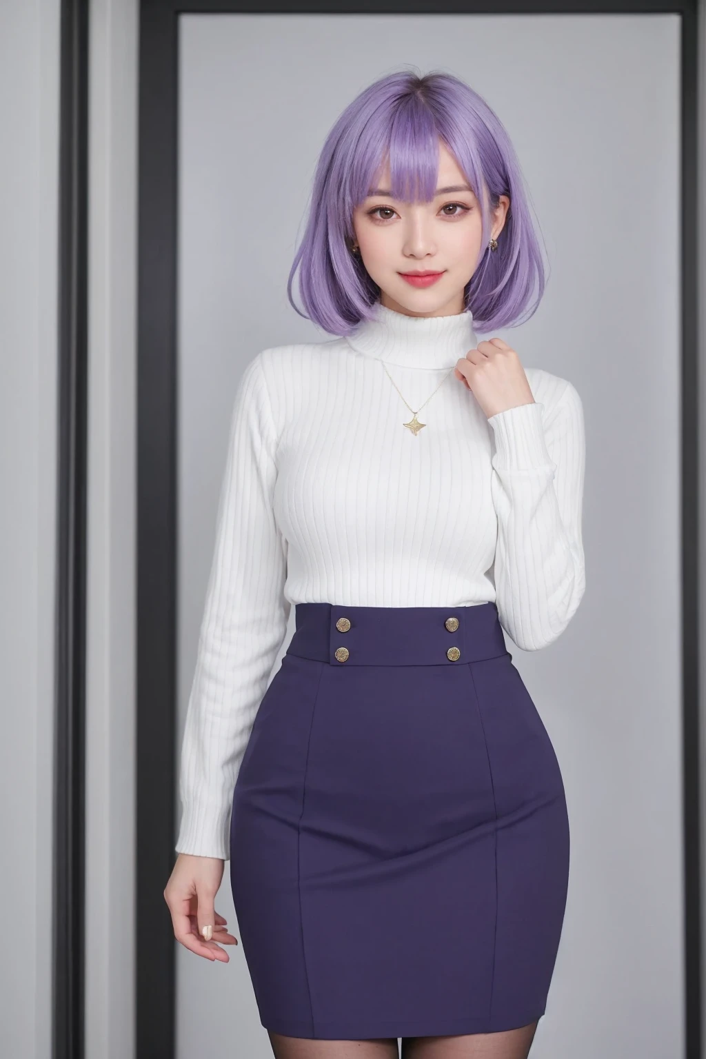 realistic,score_9, score_8_up, score_7_up, BREAK,
 In a scene inspired by "Honkai: Star Rail," a girl from the Acheron faction is depicted. She has purple hair, styled long and flowing, with one eye partially hidden behind her hair, adding a mysterious allure to her expression. Her purple eyes are a striking feature, complementing her unique hairstyle.
She is dressed in a suit jacket, thigh-high band pantyhose, and a high-waist skirt, paired with a ribbed sweater. Her attire is both professional and stylish, reflecting her character's background in the game. She stands confidently, with one hand on her hip, and her posture suggests a sense of pride and authority.
The girl is captured in a full-body portrait, looking directly at the viewer with a light smile. This pose and expression create a connection between her and the audience, inviting them into her world. The setting is an office indoors, with a depth of field that adds to the realism of the scene.