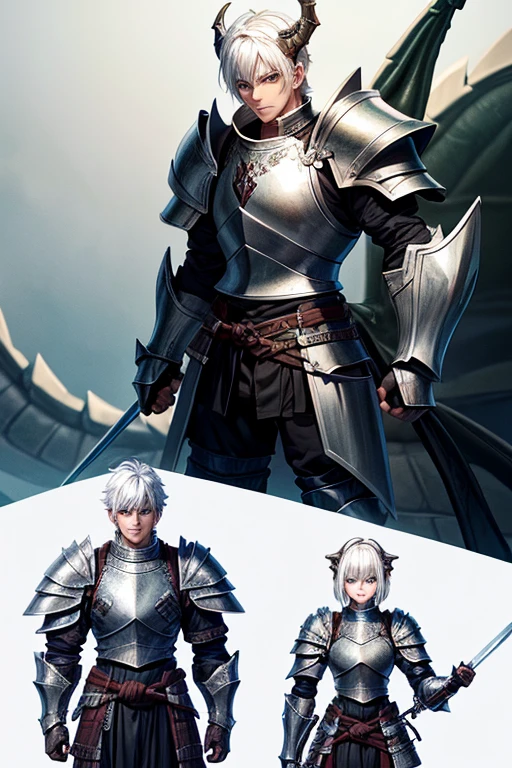 male character,((wearing armor that looks like a dragon)), sword in the waist, ((white  hair)), ((greeneyes)), ((black armour))