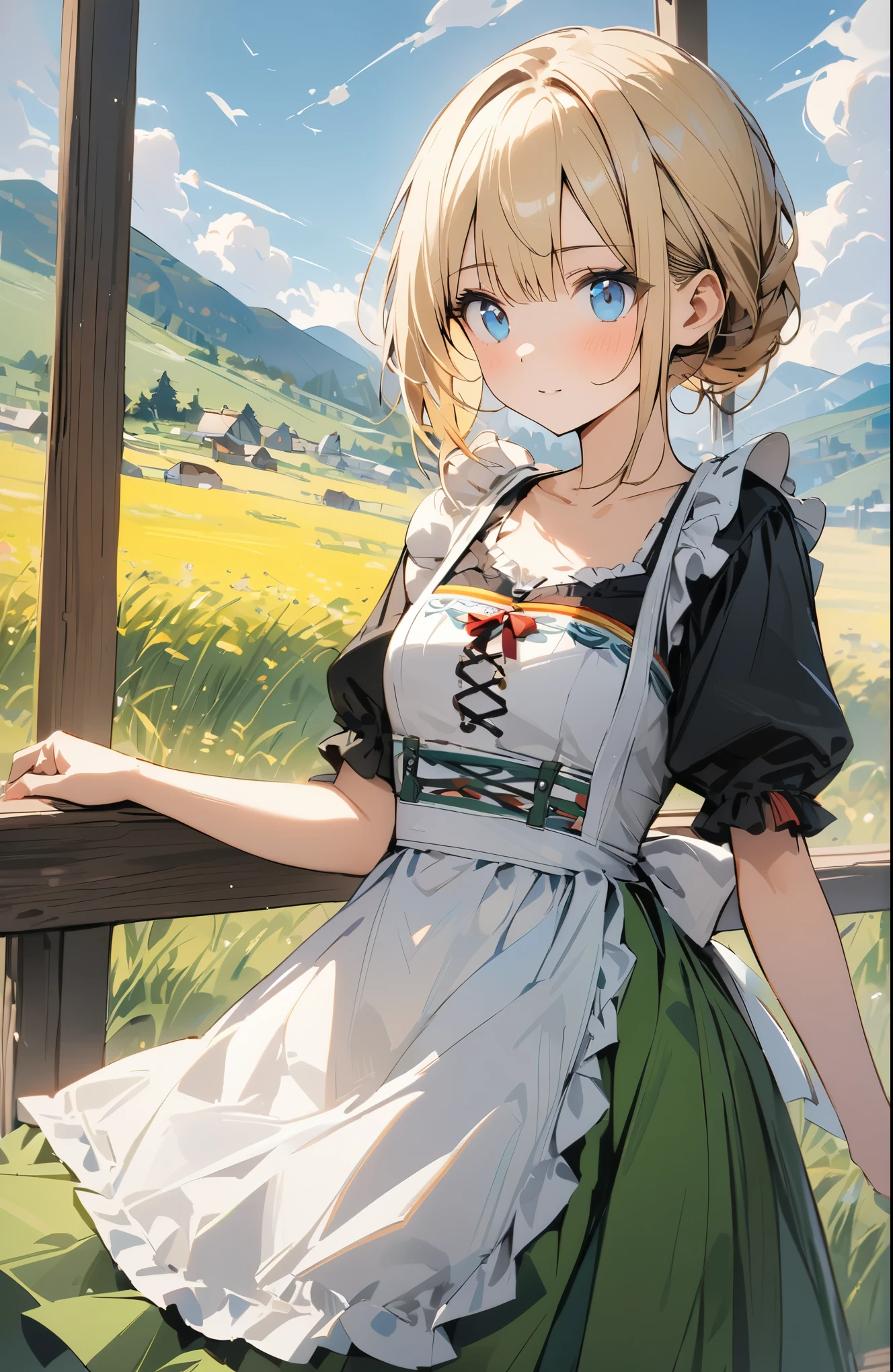 Very detailed、Very absurd、超High resolution, Attention to detail, high quality, High resolution, 最high quality, 4K, 8K, Awards、German folk costume,((dirndls)),(Black Shirt),(Blonde:1.02),(blue eyes:0.9),(Green Skirt),(White apron),Girl walking through the German meadow、cute、Grassland Background、The grass sways in the wind