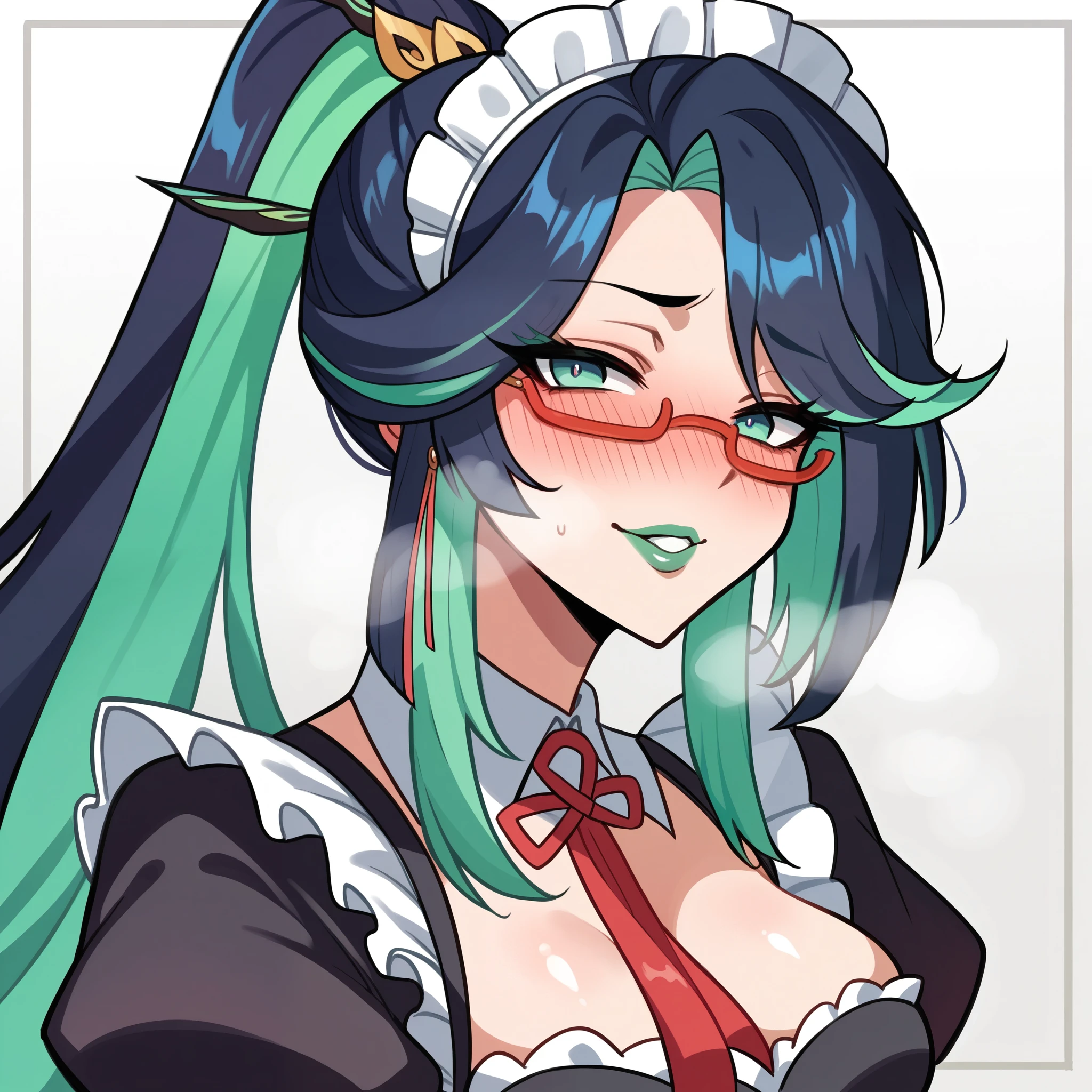 A female,green lip gloss, streaked hair, long ponytail, shiny hair, maid headdress, red over-rim eyewear, full blush, parted lips, seductive smile, heavy breathing, framed, tachi-e, stereogram, UHD, textured skin, masterpiece, highres, 16k, 1080P，Upper focus
