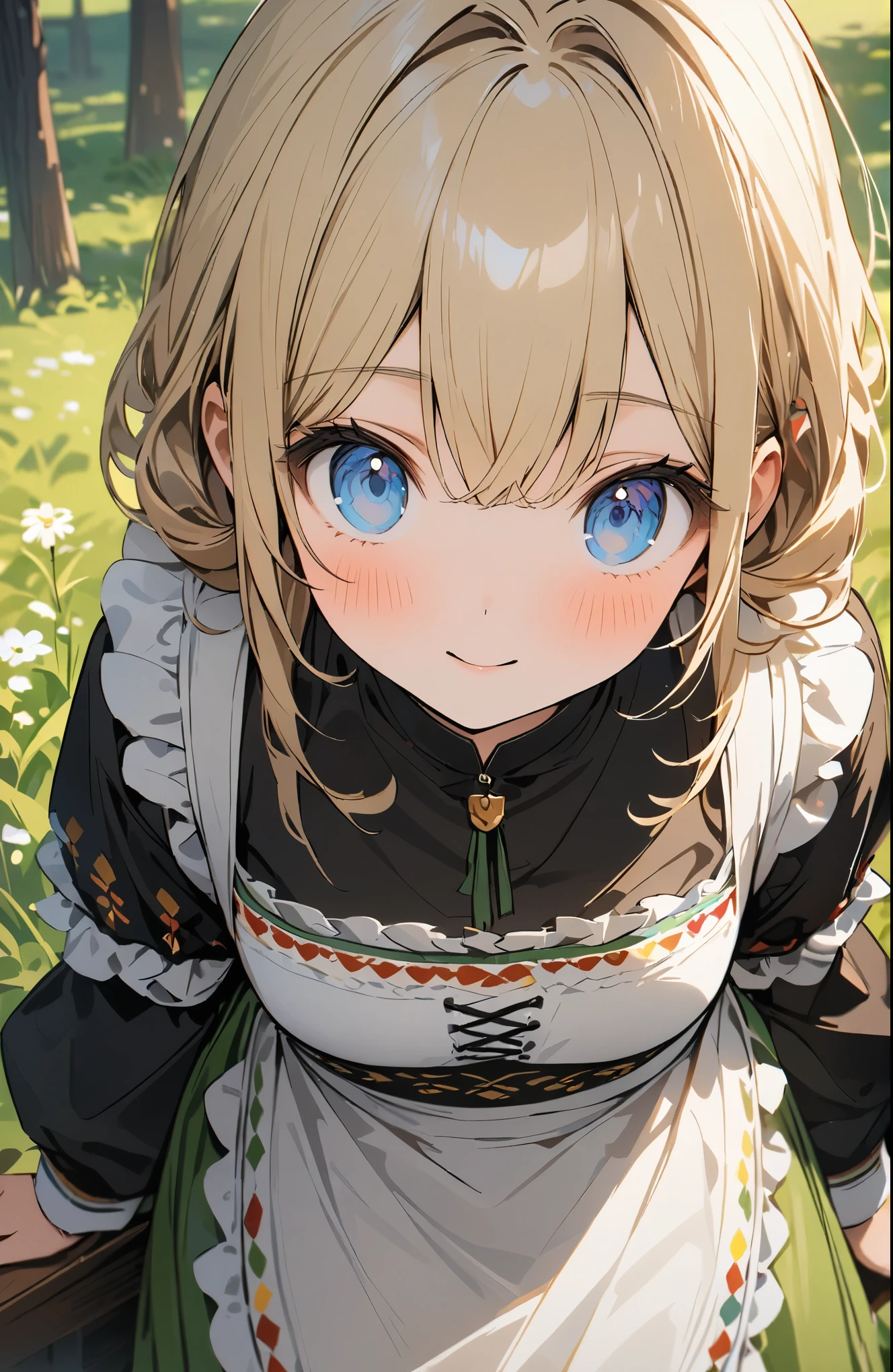 Very detailed、Very absurd、超High resolution, Attention to detail, high quality, High resolution, 最high quality, 4K, 8K, Awards、German folk costume,((dirndls)),(Black Shirt),(Blonde:1.02),(blue eyes:0.9),(Green Skirt),(White apron),Girl walking through the German meadow、cute、Grassland Background、The grass sways in the wind