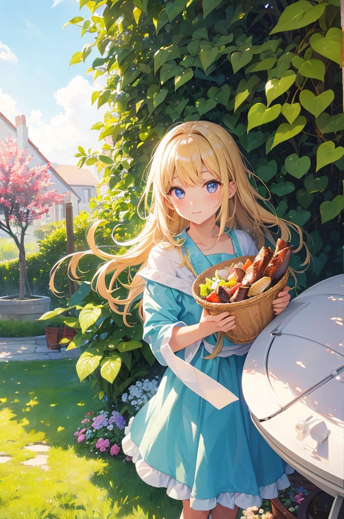 Colored shiny eyes、1 Girl、Embarrassing、BBQ、Lawn garden exterior,Warm Light,sunny,masterpiece,Highest quality,Perfect image quality,Beautiful and kind,High resolution,Enhanced Details