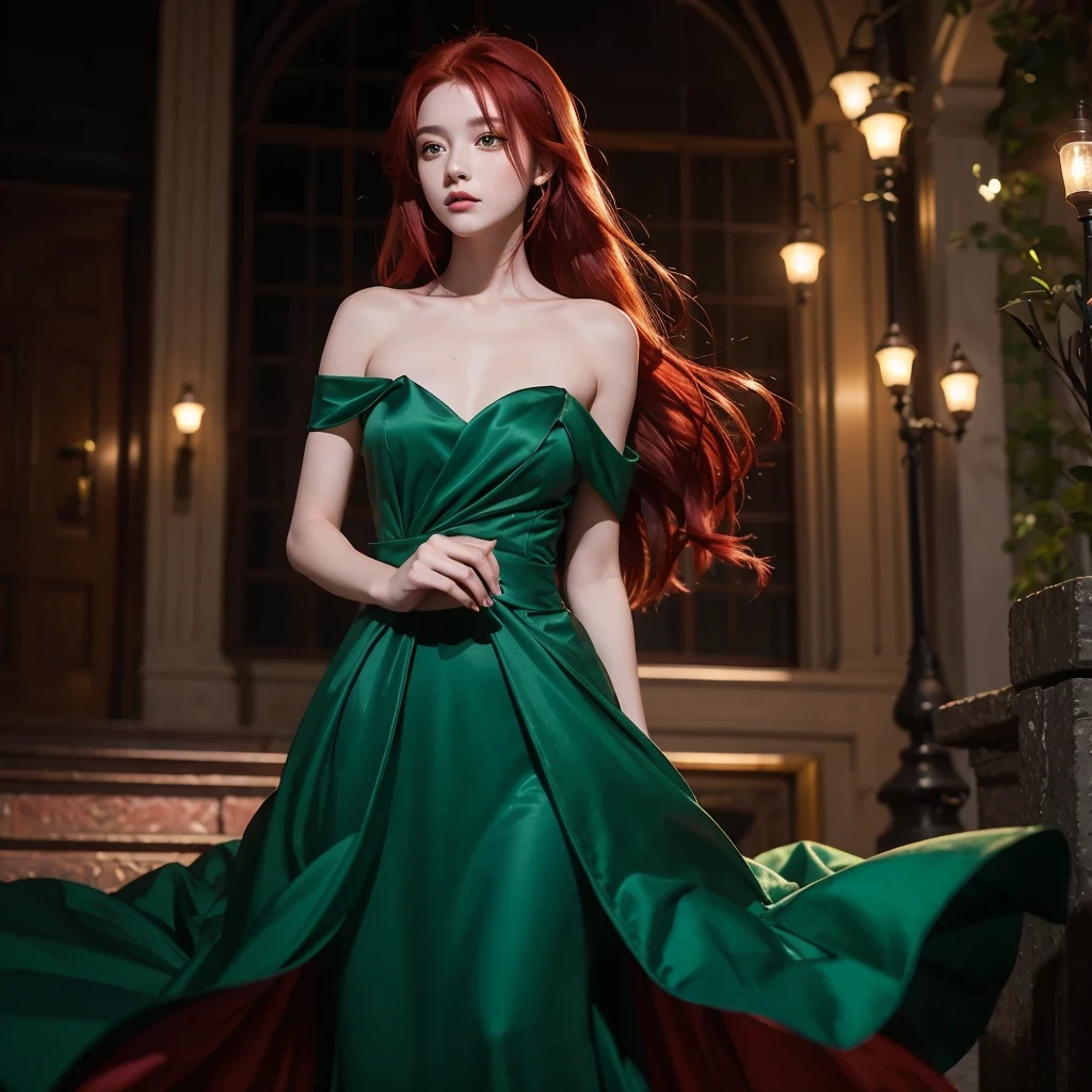 night image, a lonely girl, with red hair and emerald green dress, with red magic in his hands and he is looking at his hand