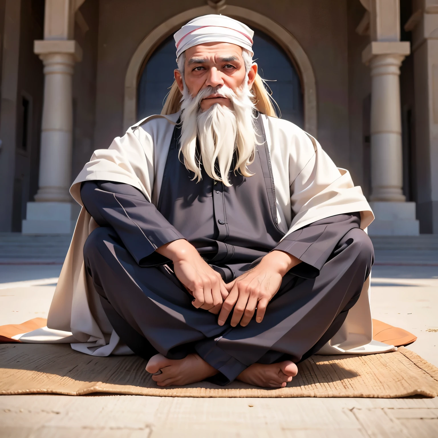 A wise old man in Arab clothes, long beard, sitting in a meditation position, looking directly at camera