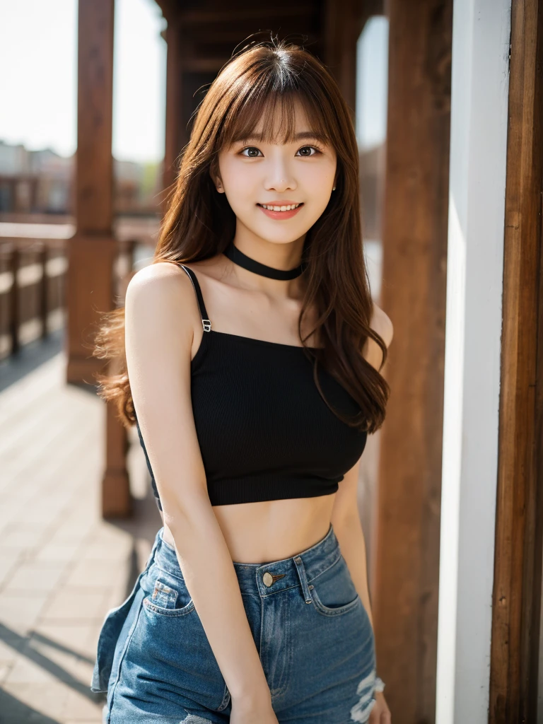 ulzzang-6500-v1.1, (RAW Photos:1.2), (Photorealistic), Beautiful detailed girl, (Genuine: 1.4), Very detailedな目と顔, Beautiful and fine details,  (Strapless blouse, flare skirt, Ultra-realistic pantyhose:1.2, Black choker)、Esbian all over、 (A very loving smile:1.2)、Large file size, High resolution, Very detailed, Highest quality, [masterpiece:1.6], Awareness-raising, Very detailed,  In detail, Highest quality, 8k wallpaper, Cinema Lighting, One Girl, 17 years old, Perfect figure, Cute droopy eyes、Beautiful big eyes、 ((masterpiece)), Highest quality, One Girl, eye shadow, Upper Body, Portraiture, ((Full Body Shot:1.2))、