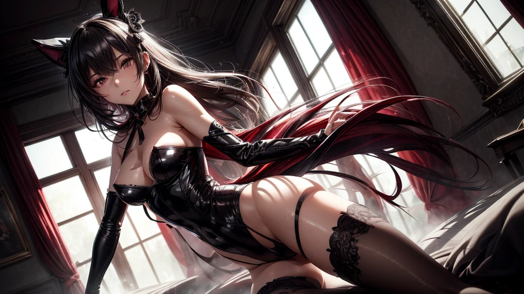 (best qualityer,4K,8K,high resolution,work of art:1.2),ultra detali,(realisitic,photorealisitic,photo-realisitic:1.37),striptease, standing, blackw, tenebrosa and intimate,private dance,( neon lights), (blackw, tenebrosa:1.5),(BEHIND THE VISION:1.2),Low angle, feeling of a private room setting, poses de strip dance,erotic atmosphere,Seductive expressions,sexiness,temptation,distorted fantasy,captivating performance,mysterious aura,Seductive charm,attractive moves,dynamic composition,bright coloured,soft and sensual lighting,exquisite choreography,impressive visual effects,Provocative Dance,tempting curves,subtle and captivating emotions,a mesmerizing mix of power and vulnerability,distorted seduction,sobrecarga sensorial,mysterious fascination, seduction in the tenebrosaness (rim-light), intimate, luxury, muffled light, detailed clothing, rich in details and textures, light particles, sweat, perplexity, ((extremely delicate and beautiful)), (detailed light), dynamic angle maid uniform, sexy bunny red suit, red pantyhose, just_shoulders, Delicate hands, neck ribbon, ,thigh garter,High heels Rich in details and textures, light particles, the sweat, perplexity, ((extremely delicate and beautiful)), (detailed light) humida, perfect toes