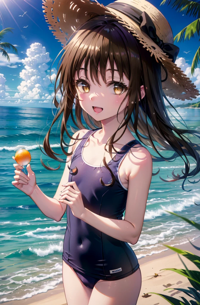 Follow Us, Yuki mandarin orange, (Brown eyes:1.5), Brown Hair, hair ornaments, hair scrunchie, Long Hair, (Flat Chest:1.2),happy smile, smile, Open your mouth,
Open your mouth,School Swimsuit,Straw hat,Holding a balloon in both hands,True Summer,Palm tree,Are standing break looking at viewer, whole body, break outdoors, Sandy Beach,Beach, break (masterpiece:1.2), Highest quality, High resolution, unity 8k wallpaper, (shape:0.8), (Beautiful and beautiful eyes:1.6), Highly detailed face, Perfect lighting, Extremely detailed CG, (Perfect hands, Perfect Anatomy),