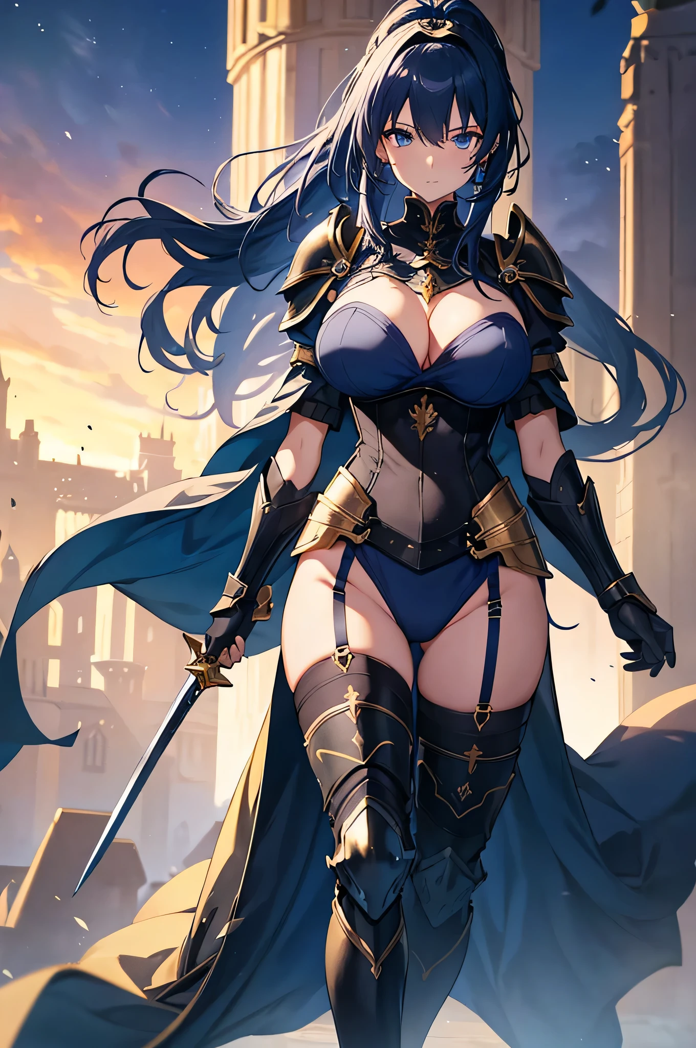 4K,High resolution,One Woman,Dark Blue Hair,Long Ponytail,Blue Eyes,Big Breasts,knight,Golden Armor,Heavy Armor,Full Armor,Black tights,hair band,Jewelry decoration,Golden Long Sword,Medieval castle