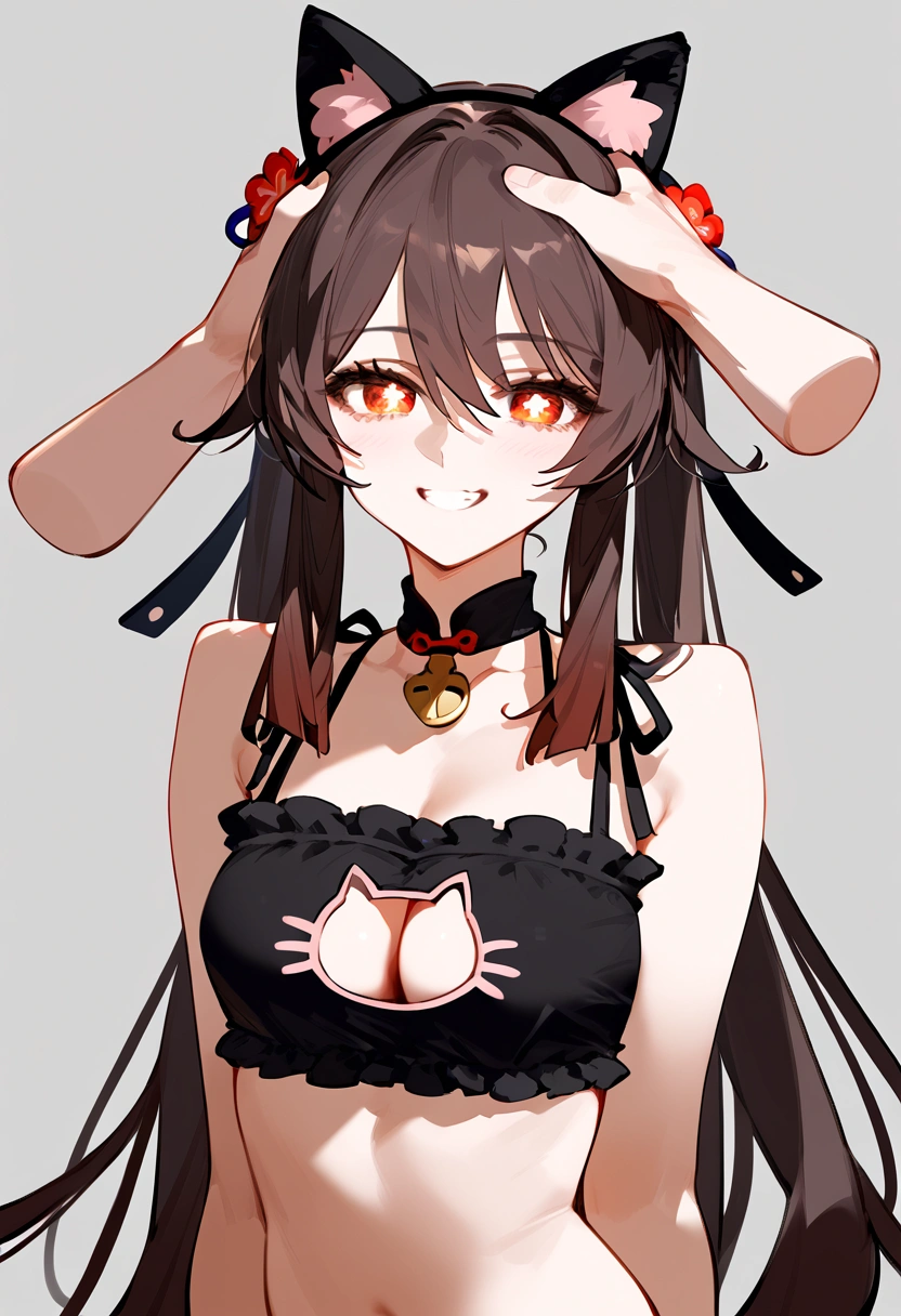 anime artwork, score_9, score_8_up, score_7_up, score_6_up, score_5_up, score_4_up, hu tao, she is 24 years old, style_3, gray background, , , , , _, fake cat ears,, smile, solo, cat lingerie, paw gloves, disembodied hand on her head, headpat