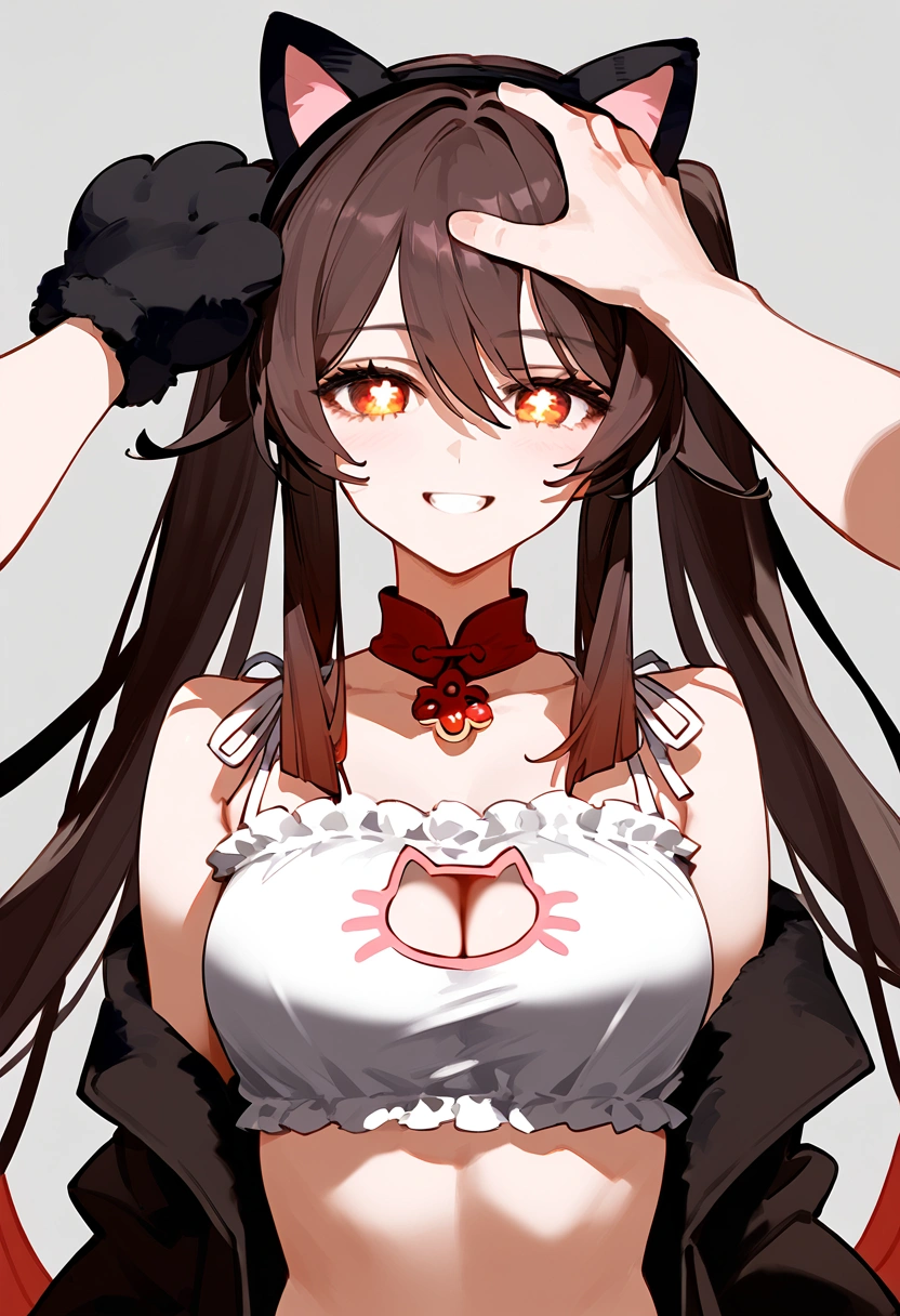 anime artwork, score_9, score_8_up, score_7_up, score_6_up, score_5_up, score_4_up, hu tao, she is 24 years old, style_3, gray background, , , , , _, fake cat ears,, smile, solo, cat lingerie, paw gloves, disembodied hand on her head, headpat