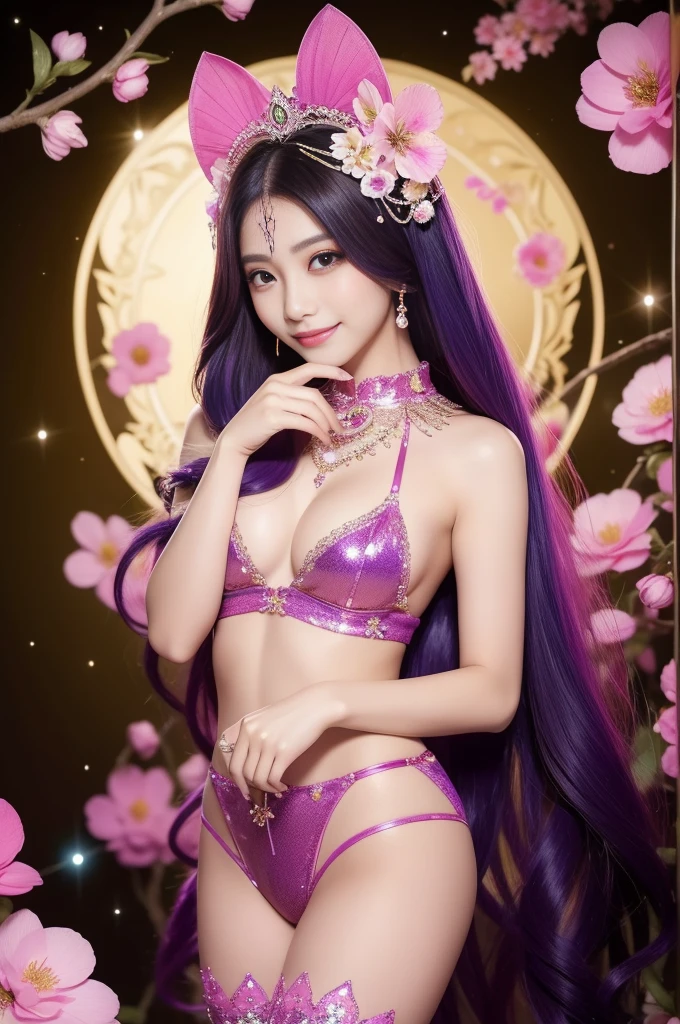 Sexy Thai model who controls poison、beautiful smile、lipgloss、long lashes、intense makeup、look at the camera、full body Esbian、、sparkling poisoned flower costume、、、、sparkling Colorful hair、secrete poison、skull hair accessories schnet tights、shiny sparkling flowers background