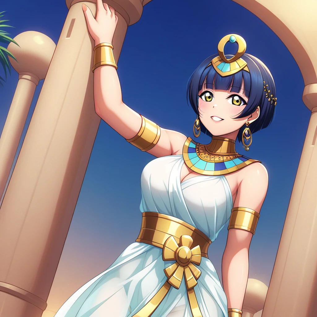 Masterpiece, sksrin, beautiful , facial details, 8k wallpaper, Rin Hoshizora Love Live, short hair, white see through dress, Egypt queen,tiara,in Egypt ,(lipstick:0.8), (makeup:0.8),Fascinated by her beauty, looking at her own body , multiple slaves in background 