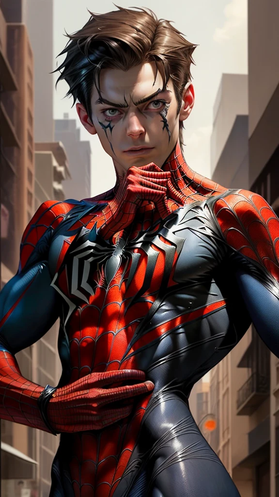 Beautiful man detailed defined body using spider man cosplay, small breasts