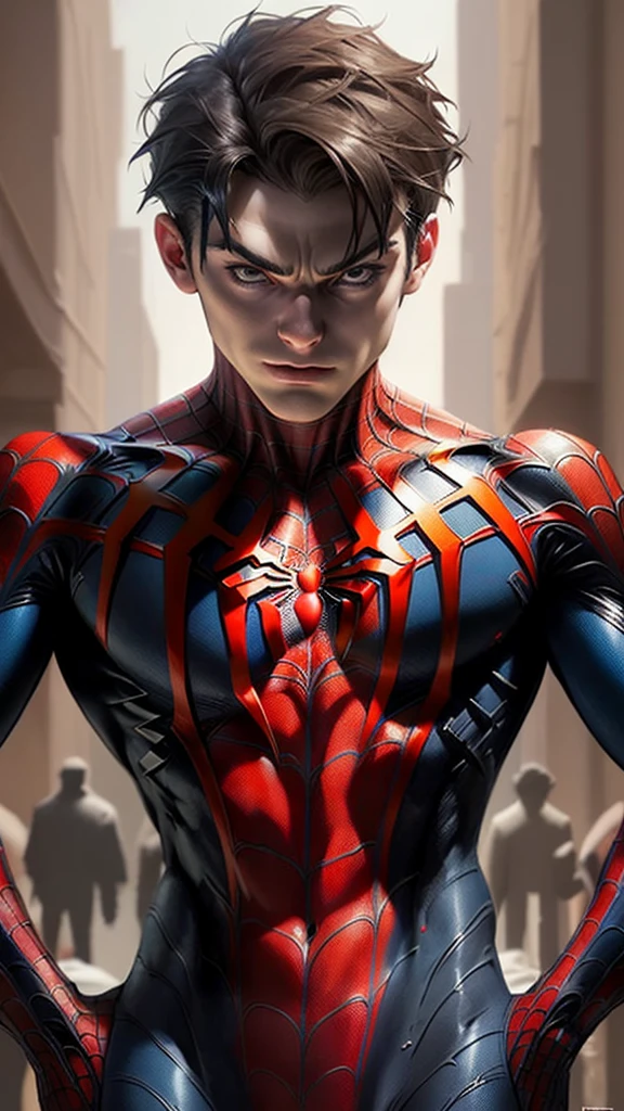 Beautiful man detailed defined body using spider man cosplay, small breasts