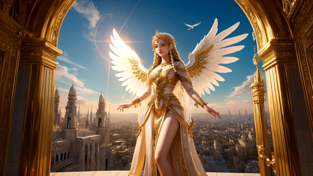 Skin do Minecraft (lucifer in heaven, dressed in white, with precious stones, Diamant, rubi, emerald, blondie hair, burning eyes, ofir gold sandals) he is leading the angels in praising the throne of God (the scenery is pure light, clouds and a bright rainbow)
