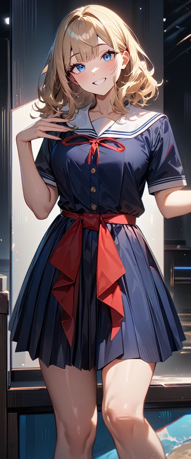 (((One girl))), ((beach)), noon, blond hair, Wavy Hair, bob cut, breasts, from front, (cowboy shot), standard body, (looking at viewer), ((dark blue serafuku)), dark blue skirt, ((red ribbon)), ((sunglasses)), hand to sunglasses, teenager, head tilt:1.3, (((blue eye))), ((happy smile)), anime style, (best quality, 4k, 8k, highres, masterpiece:1.2, ultra-detailed, ultra-detailed eyes, HDR, UHD, studio lighting, ultra-fine painting, sharp focus, physically-based rendering, extreme detail description, professional, vivid colors, bokeh), ((Highest quality, Best image quality, Ultra-high resolution, Ultra-high resolution, solo, Strong eye highlights)), Depth of written boundary, Natural soft light, attractive, Beautiful Face, Cleanliness, Pure Face, nedium chest, Beautiful Face, Perfect Fingers, Perfect hands, Perfect body, Perfect Face, Shine a light into your eyes, Perfect Anatomy