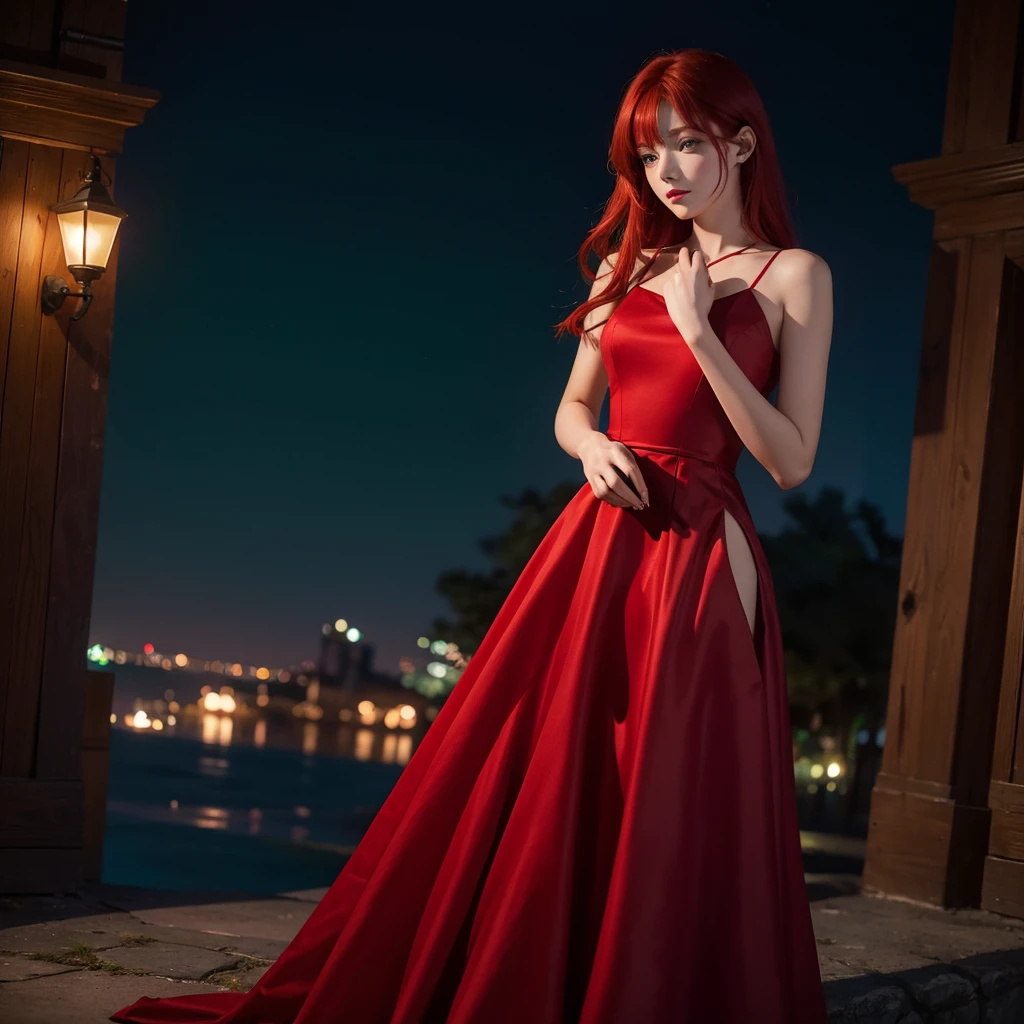 night image, a lonely girl, with red hair and emerald green dress, with red magic in his hands and he is looking at his hand