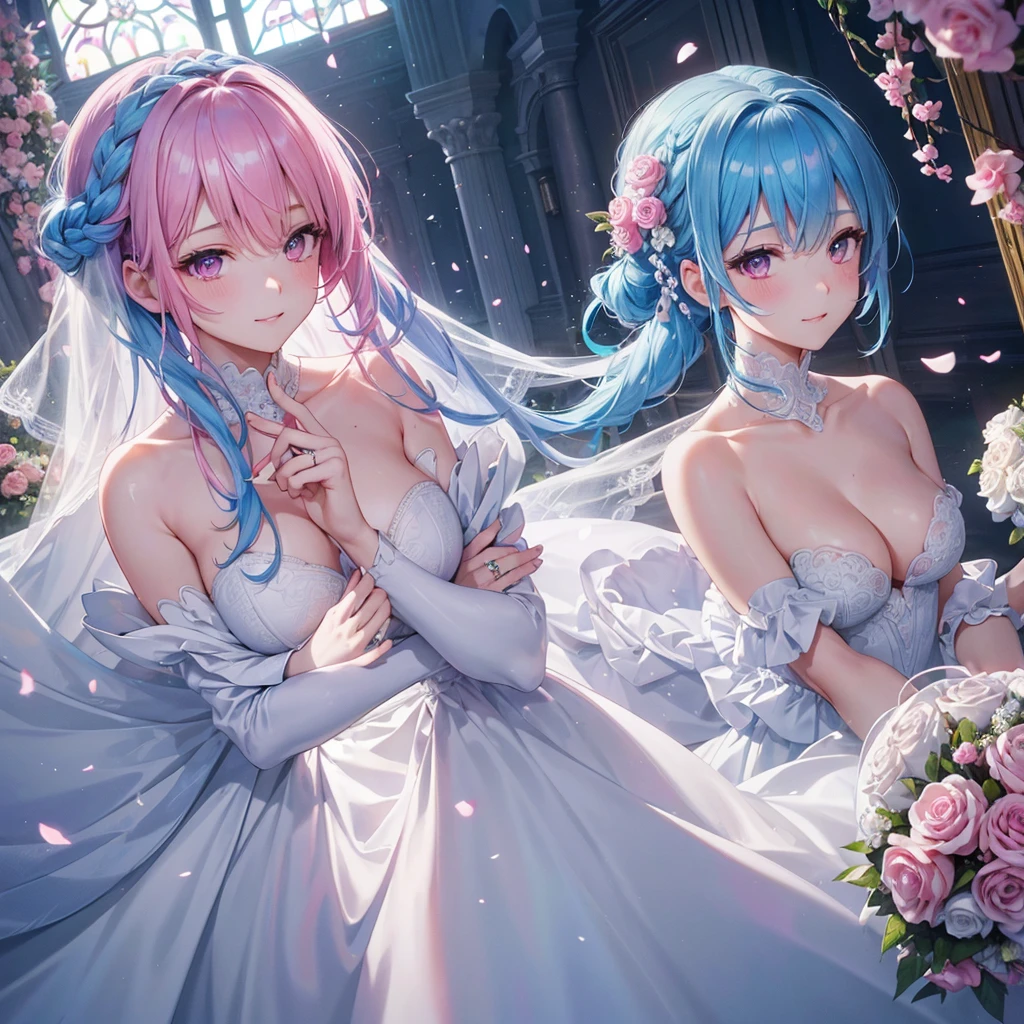 Sky blue hair, (Braided Ponytail),(Pink Eyes),Fair skin ,(whole body),(One girl),bride,A big smile,Straight bangs, 6月のbride,Wedding dress,(masterpiece, Highest quality, Very detailed, Best Shadow), (Detailed Background), (Beautifully detailed face), High Contrast, (Best lighting, Very delicate and beautiful), ((Cinematic Light)), colorful, Hyper Detail, Dramatic Light, Intricate details,Chapel background,Bouquet of roses,Ring on left ring finger,