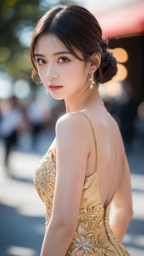 (masterpiece:1.5)、(Realistic:1.5)、(Highest quality:1.4、8K、RAW Photos)、 Ultra-high resolution、Professional Lighting、Perfect dynamic composition、Outdoor Shot、 Film Grain、chromatic aberration、(Bokeh:1.1)、 Frank、Sophisticated、charm、Surreal、High detail、Golden Ratio、 (1 Girl)、Slender girl、繊細でcharm女の子、Cute Woman:1.4、 Serious expression、Looking at the audience、Various poses、 Light brown hair、Shiny Hair、Hairstyle: ponytail、 Realistic looking skin、 shut up.、Beautiful Eyes、double eyelid、Thin arms、、 (majestic style, sophisticated and elegant, holy and mysterious:1.2),(wearing ball gown dress:1.2),