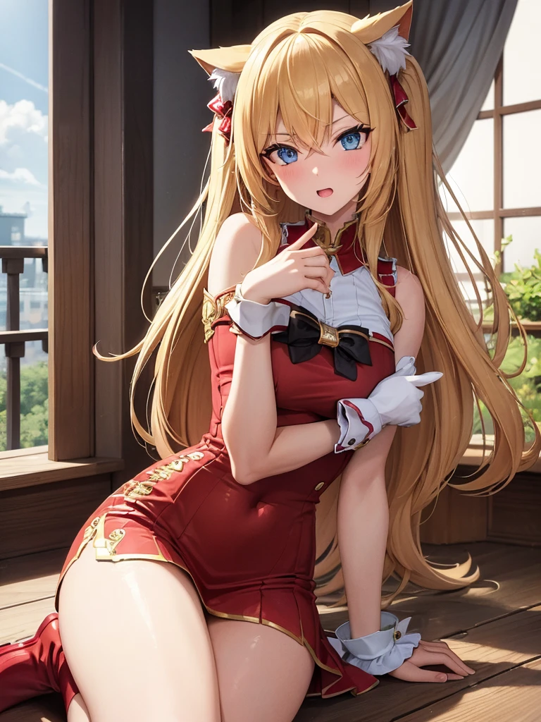 14 year old girl with big breasts wearing maid uniform (Gothic style) Torn Skirt、Golden body proportions、disheveled blonde hair (Inward-splayed feet) (Highly Detailed CG Unity 8K Wallpaper) Big Breasts、Torn Skirt、Red-faced and shy, Complex, Detailed, Accurate, Dramatic realism art, CG, 3D, 8k 4k
