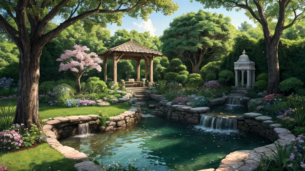"A serene garden nestled amidst lush, verdant landscapes where streams of crystal-clear water flow gently. Trees bearing fruit of every kind line the pathways, offering sustenance and delight to those who wander through. Joyful laughter and music fill the air as figures of diverse backgrounds gather in fellowship and worship. Above them, clouds part to reveal glimpses of radiant light and celestial beings, symbolizing Heaven as a place of eternal joy and communion with God."