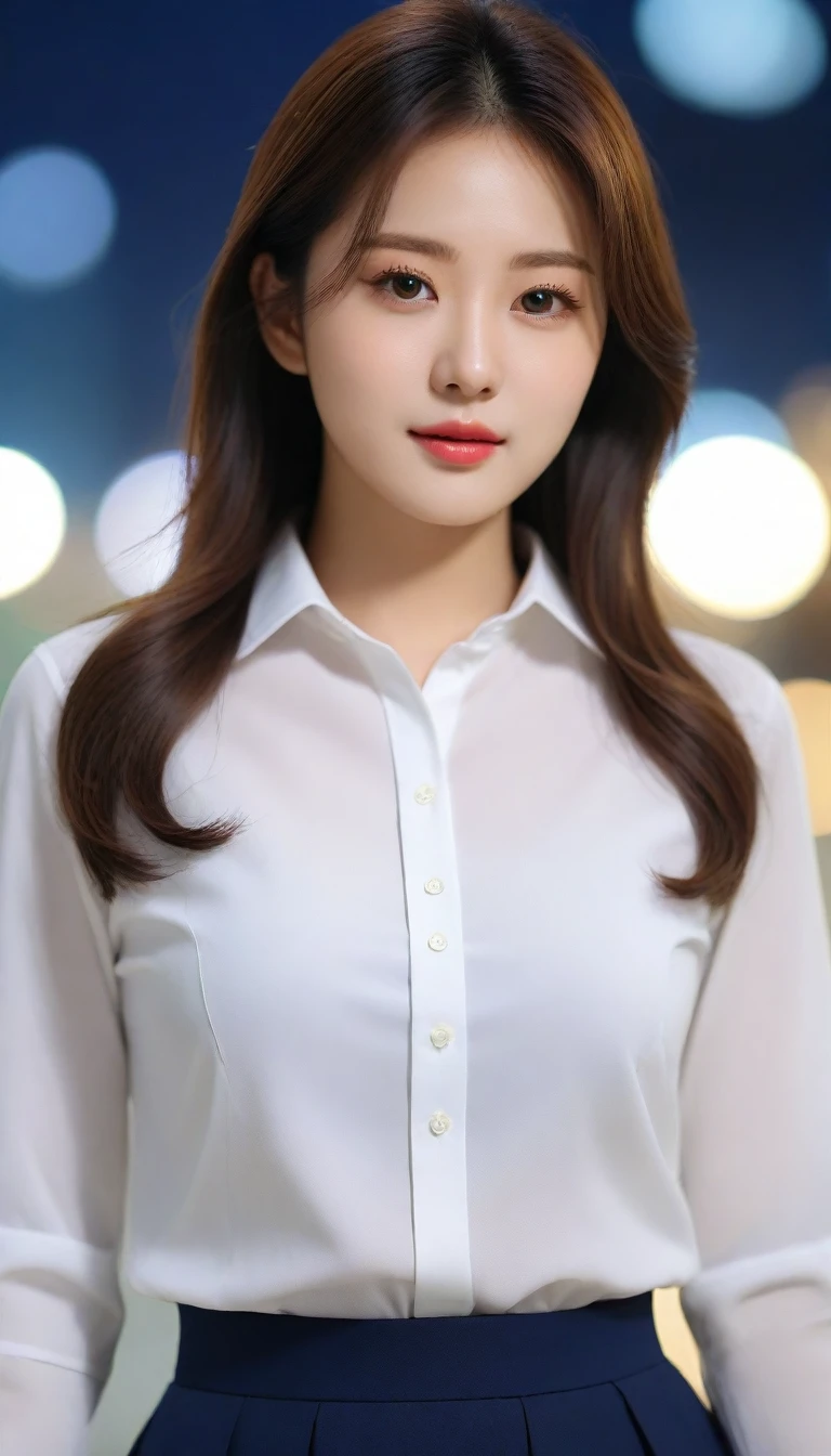 Close up of beautiful Korean woman, Chest size 34 inches, wear a long-sleeved shirt, skirt, in the office, bokeh background, night, uhd