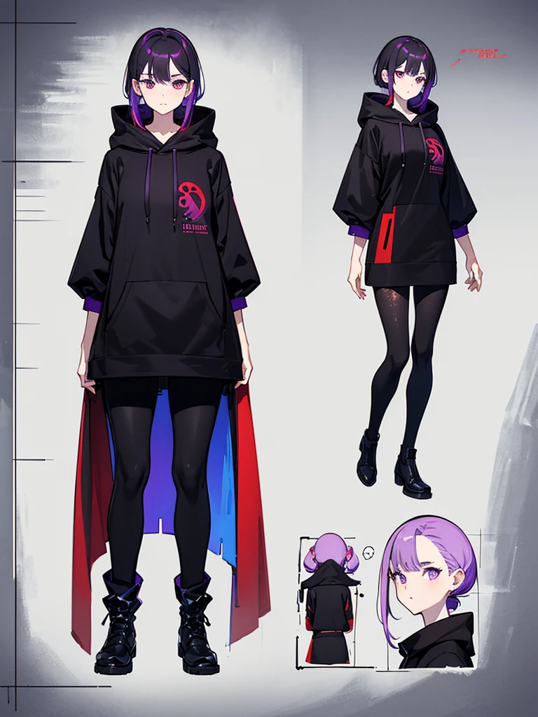 Mature face,tall,  Wearing black tights, Wearing a hoodie, He wore black trousers, whole body黒の服, The skin is hidden　and   (Ink blotches:1.1), (pale:1.2),(purple:1.2),(Red/Black:1.2), I was wearing long pants,cool,Dressed in a black robe, Toned body, Wine red hair, one big woman,Updo, Nervous,Cowboy Shot, sketch (Character design sheet, same characters, whole body, Three-View, front, ~ ~ ~ side, return),(Very bright:1.1), White Background, [1 Girl:7], (Tilt your head:1.2), ([sketch|watercolor \(Moderate\)]:1.15),Chaotic Abstract Background, Vector Trace, Gradient Blending, Bright colors, that&#39;wonderful, Very detailed, Complex, (Very low contrast:1.4)