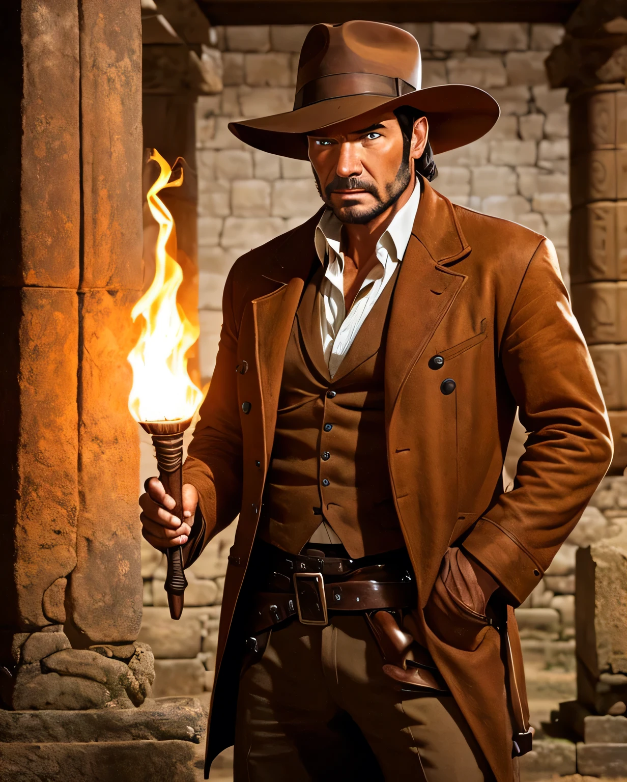 In the style of Argerm, A Man From Indiana Jones Series, Wear Brown Hat, Brown Jacket, Handsome Man, Holding Torch in Ancient Temple, Half Body, Left hand wear old clock, (Background Ancient Temple), In the dark,