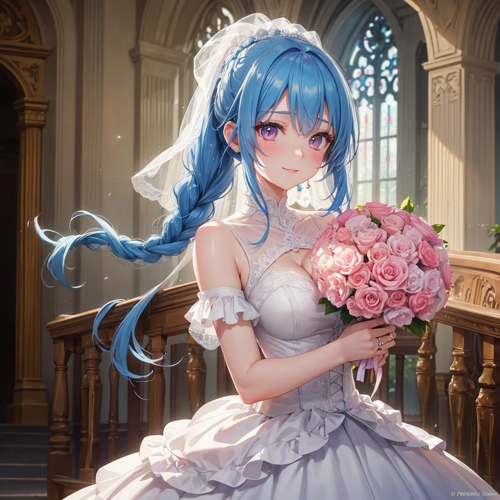 Sky blue hair, (Braided Ponytail),(Pink Eyes),Fair skin ,(whole body),(One girl),bride,A big smile,Straight bangs, 6月のbride,Wedding dress,(masterpiece, Highest quality, Very detailed, Best Shadow), (Detailed Background), (Beautifully detailed face), High Contrast, (Best lighting, Very delicate and beautiful), ((Cinematic Light)), colorful, Hyper Detail, Dramatic Light, Intricate details,Chapel background,Bouquet of roses,Ring on left ring finger,