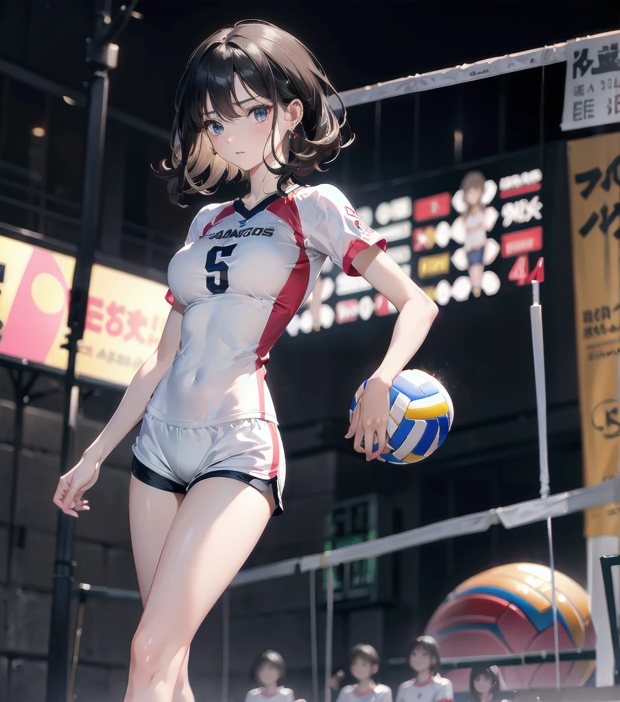 (top-quality、in 8K、32K、​masterpiece、nffsw、超A high resolution、Impresionismo、Photorealsitic:1.2)、Full body, from behind, Inside the gymnasium、Volleyball Court、beauitful face、blurry backround、16-year-old beautiful girl、shinny skin、bob cuts、Beautiful black hair、Red Eyes、(Hachimaki:1.2)、Volleyball Uniforms、Curve、dynamicposes、jump、