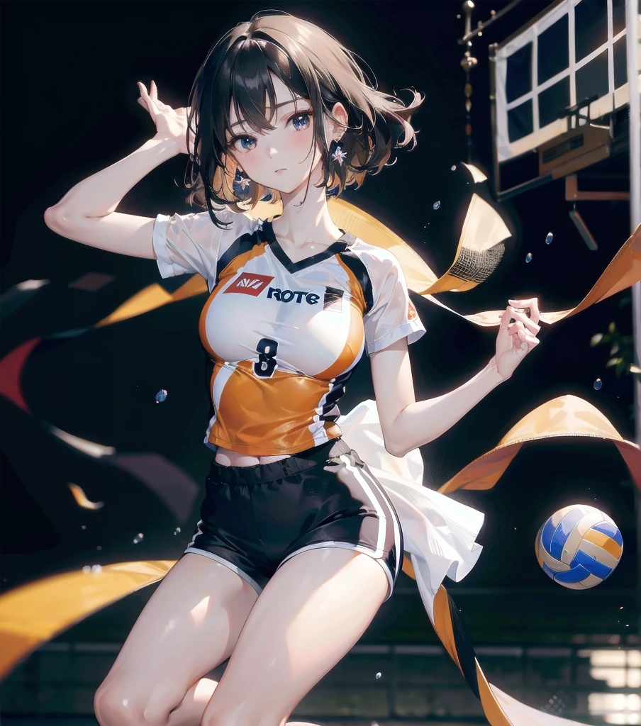 absurdres, RAW photo, extremely delicate and beautiful, masterpiece, Best Quality, ultra high resolution, 32k, hyperrealistic, ultra-detailed, Very detailed CG 8k wallpaper, Beautiful Lighting, Perfect Lightning, Realistic Shadows, perfect anatomy, super Detailed skin, perfect figure, Japanese woman, late 20s, very Slim body, narrow waist, very small head, handsome detailed woman, very detailed eyes and face, realistic face proportions, Stunning detailed eyes, Realistic beautiful face, very small face, Realistic small beautiful eyes, tearful mole, earring, beautiful and very thin legs, beautiful and very thin thighs, very huge round breasts, medium hair, black hair, full body shot, (volleyball uniform:1.2), shorts, midriff,