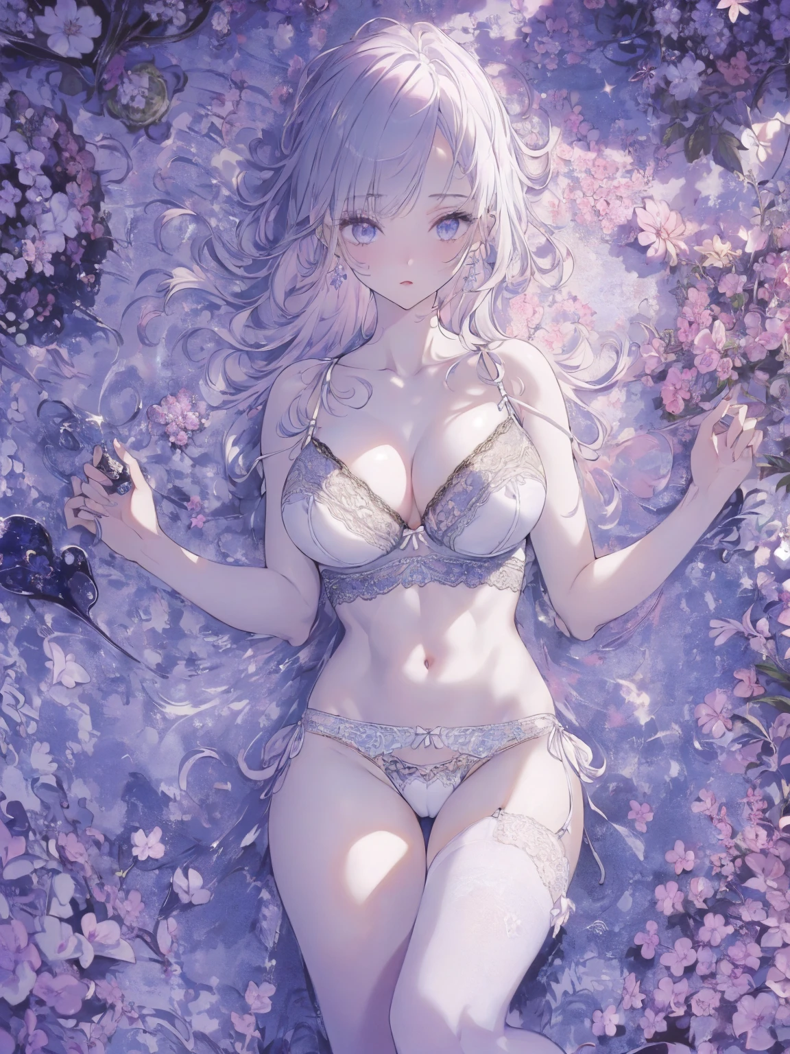 (lingerie photo:1.1, in white garden:1.5), Masterpiece, best quality, (very detailed CG unity 8k wallpaper), (best quality), High definition RAW color art, Animation,sculptures, (pink Marble Skin), (((Ultra detailed elegant))), Magical atmosphere, Detailed skin, Texture,(Intricately detailed, Fine detail, ultra-detail art), depth of fields, bokeh, Silky Touch, Hyper Detail, beautiful eyes, Elegant Face, (posing on marble floor), sparkle background, enormous breast:1.3, witchcraft outfit, (silver hair), pastel purple, abs:1.3, muscle, Expressionless, wide open udder